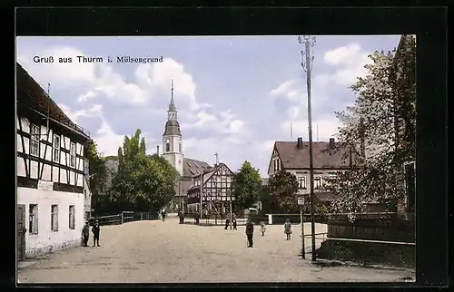 AK Thurm i. Mülsengrund, Strassenpartie mit Geschäften und Kirche