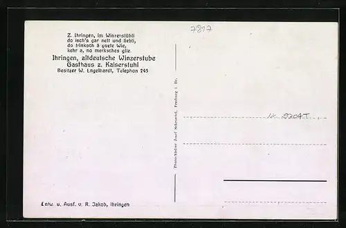 AK Ihringen, Gasthaus zum Kaiserstuhl W. Engelhardt, Altdeutsche Winzerstube