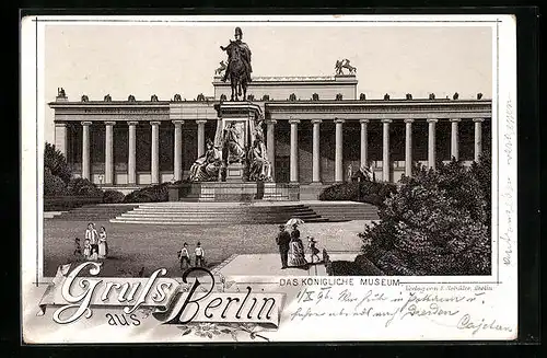 Lithographie Berlin, Das königliche Museum mit Denkmal