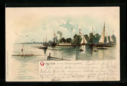 Lithographie Berlin-Niederschöneweide, Dampfer, Segelschiffe & Ruderboot auf der Oberspree