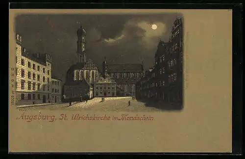 Lithographie Augsburg, St. Ulrichskirche im Vollmondlicht