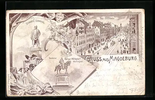 Lithographie Magdeburg, Breiteweg aus der Vogelschau, Denkmäler Bismarck und Kaiser Wilhelm