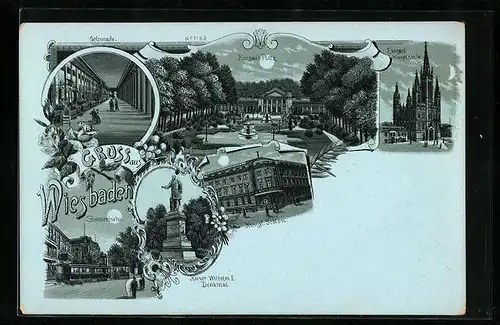 Mondschein-Lithographie Wiesbaden, Kursaal Platz, Strassenbahn, Ev. Hauptkirche