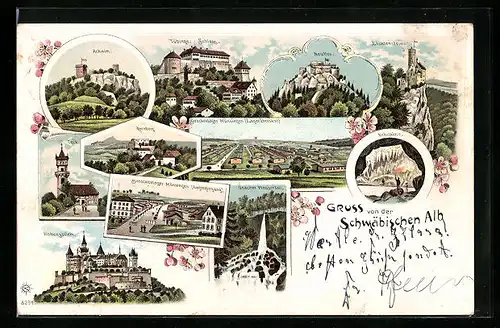 Lithographie Münsingen, Barackenlager, Burg Hohenzollern, Nebelhöhle, Burg Netten