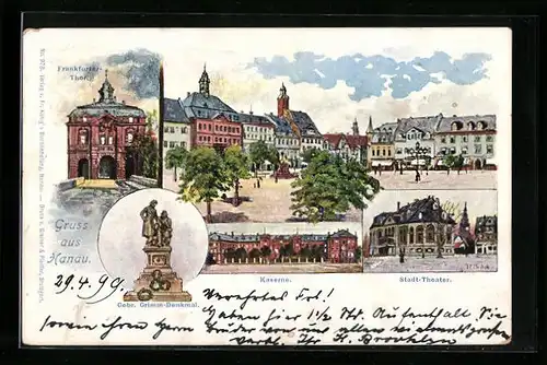 Künstler-AK Hanau, Kaserne, Stadt-Theater, Frankfurter Tor