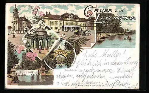 Lithographie Laxenburg, Hohe Brücke, Gasthaus Blauer Hof, Grünes Lusthaus, Stappelplatz