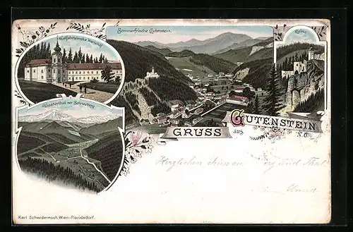 Lithographie Gutenstein, Ruine, Wallfahrtskirche Mariahilf, Ortsansicht