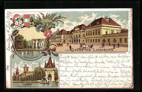 Lithographie Laxenburg, Franzensburg mit Gondel, Marieninsel mit Schwän, Wappen