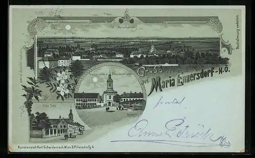 Lithographie Maria Enzersdorf, Villa Tirka, Wallfahrtskirche m. Fransiskaner Kloster