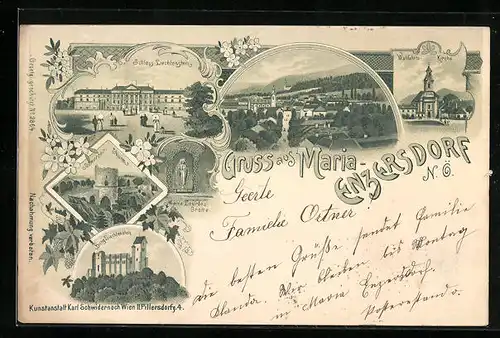 Lithographie Maria-Enzersdorf, Schloss Liechtenstein, Burg Liechtenstein, Schwarzer Turm