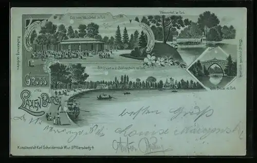 Lithographie Laxenburg, Cafe beim Wasserfall im Park, Goth. Brücke & Schifffahrt a.d. Schloss