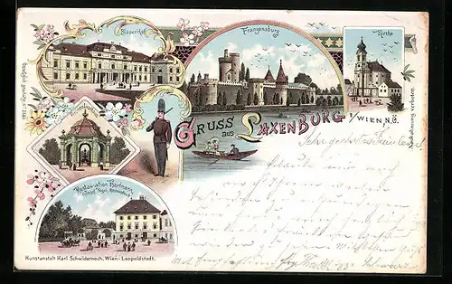 Lithographie Laxenburg, Kirche, Grünes Lusthaus, Blauer Hof