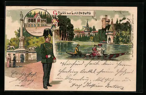 Lithographie Laxenburg, Turnier-Platz, Franzensburg, Rittersäule