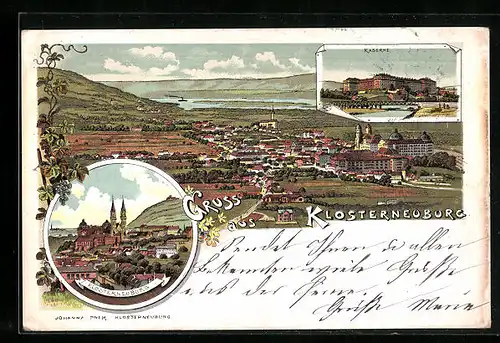 Lithographie Klosterneuburg, Gesamtansicht, Kaserne, Stiftskirche