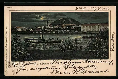 Lithographie Hainburg a. d. Donau, Dampfer passiert die Stadt