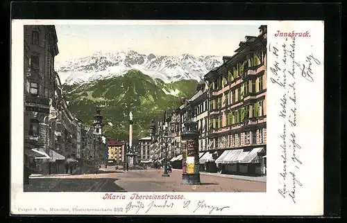 AK Innsbruck, Maria Theresienstrasse mit Denkmal und Litfasssäule