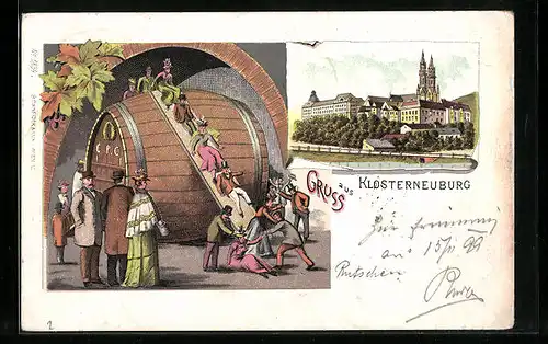 Lithographie Klosterneuburg, Teilansicht und Fassrutschen