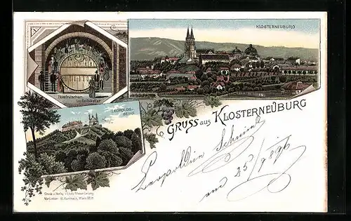 Lithographie Klosterneuburg, Ortsansicht mit Fassrutschen und Leopoldsberg