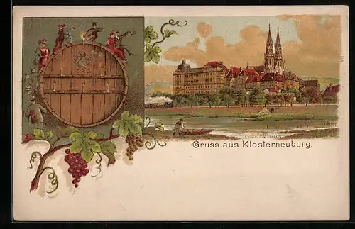 Lithographie Klosterneuburg, Ortsansicht mit Weinrebe