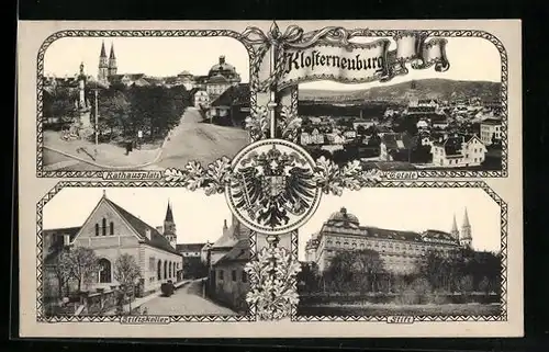 AK Klosterneuburg, Ortsansicht aus der Vogelschau, Stift und Stiftskeller, Wappen