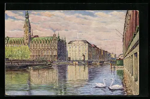 AK Hamburg, Rathaus mit Reichsbank und kleiner Alster