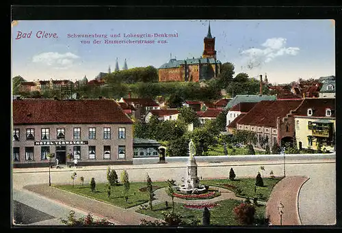 AK Bad Cleve, Schwanenburg und Lohengrin-Denkmal von der Emmericherstrasse aus