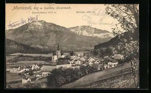 AK Mariazell, Ortsansicht mit Bergpanorama