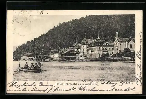 AK Achensee, Blick auf Hotel Scholastika vom Wasser aus