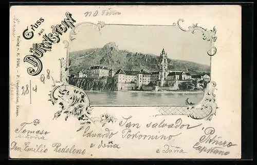 Passepartout-AK Dürnstein, Ortspanorama, vom Wasser gesehen