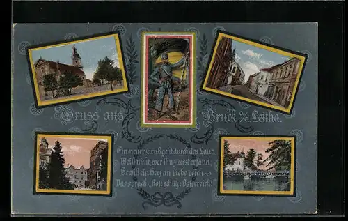 Passepartout-AK Bruck /Leitha, Strassenpartie, Kirche, Brücke, Wachsoldat