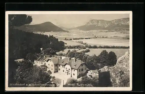 AK Winzendorf /Schneebergbahn, Hotel Teichmühle mit Fernblick aus der Vogelschau