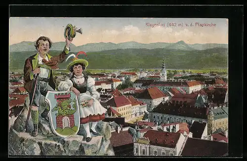 AK Klagenfurt, Gesamtansicht von der Pfarrkirche aus, Wappen