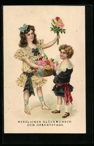 AK Mädchen mit Blumen zum Geburtstag