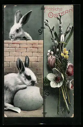 AK Osterhasen mit Blumenstrauss zu Ostern
