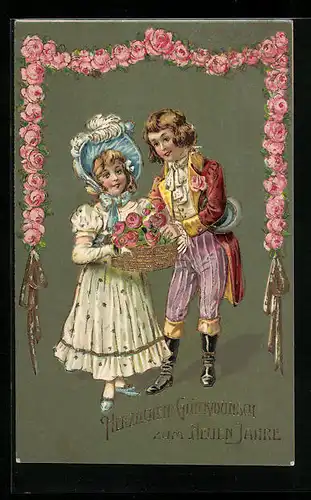 AK Herzlichen Glückwunsch zum neuen Jahre, Junge und Mädchen mit einem Rosenkorb, umgeben von einem Rosenband