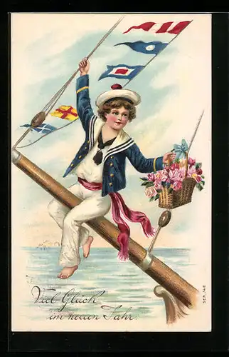 AK Glückwunsch zum neuen Jahre, Kleiner Matrose auf dem Schiff