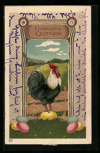 AK Hahn kräht auf dem Osterei