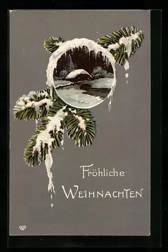 AK Verschneiter Tannenzweig zu Weihnachten