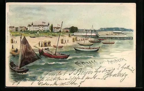 Lithographie Ahlbeck, Strandpartie mit Segelbooten