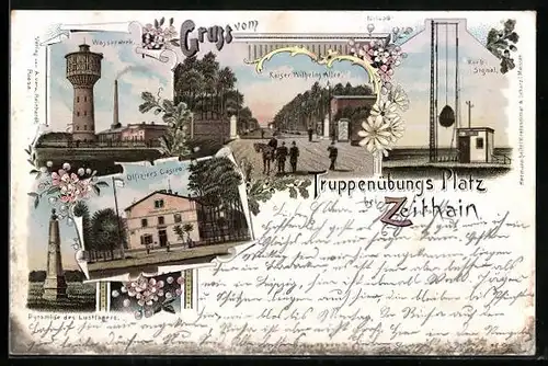 Lithographie Zeithain, Truppenübungs-Platz, Pyramide des Lustlagers, Offizier`s Casino, Wasserwerk, Kaiser Wilhelm Allee