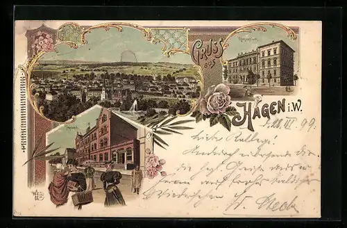 Lithographie Hagen i. W., Postamt, Gymnasium, Panorama