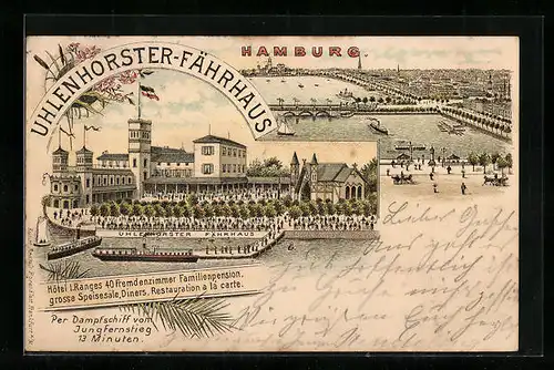 Lithographie Hamburg-Uhlenhorst, Partie am Uhlenhorster-Fährhaus mit Dampfschiff