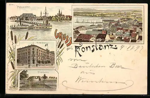 Lithographie Konstanz, Hotel-Halm, Hafeneinfahrt, Hussenstein