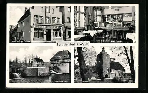 AK Burgsteinfurt i. W., Gasthof zur Sonne, Gastzimmer, Schloss-Mühle, Schloss