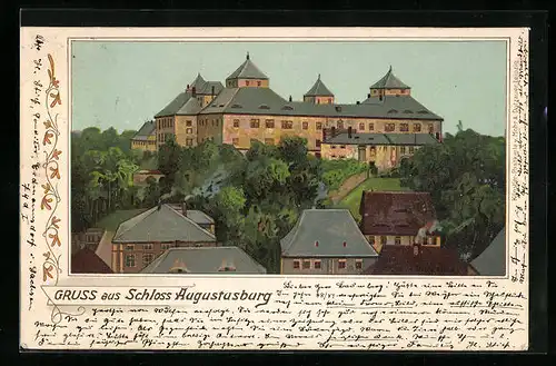 AK Augustusburg, Blick über die Dächer der Häuser auf das Schloss