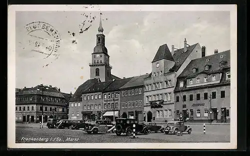 AK Frankenberg, Marktplatz mit parkenden Autos, Apotheke und Kirchturm