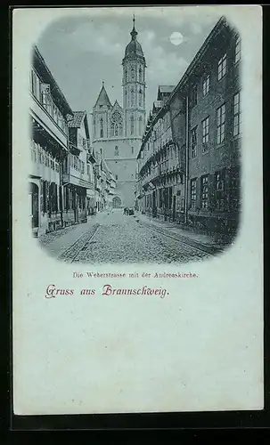 Mondschein-AK Braunschweig, Die Weberstrasse mit der Andreaskirche