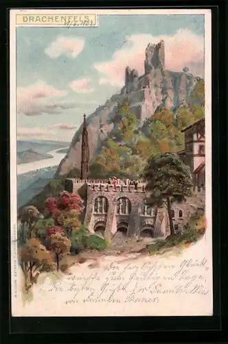 Lithographie Drachenfels, Blick zur Ruine
