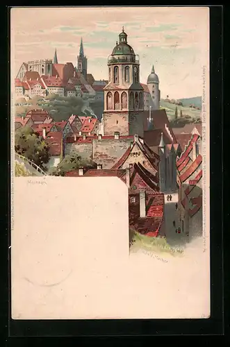 Lithographie Meissen, Blick auf den Ort