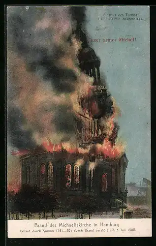 AK Hamburg-Neustadt, Brand der Kirche St. Michaelis 1906-Einsturz des Turmes